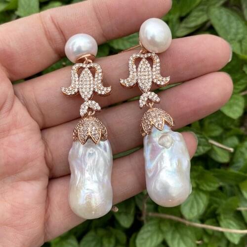 YYGEM Natural Cultured White Keshi Baroque Pearl Cubic Zirconia Pave Rose Gold Color flower stud Earrings