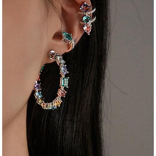 Fashion Colorful Crystal CZ Stone Hoop Earrings for Women Gold Color Alloy C Shape Large Statement Earrings Exaggerated Jewelry