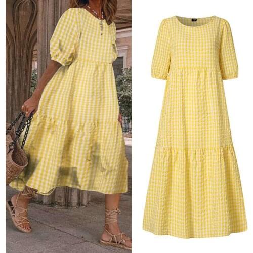 Loose Holiday Dress Women Plaid Vintage Puff Sleeve Midi Dress VONDA 2021 Womens Print Dresses Casual Bohemian Robe Plus Size