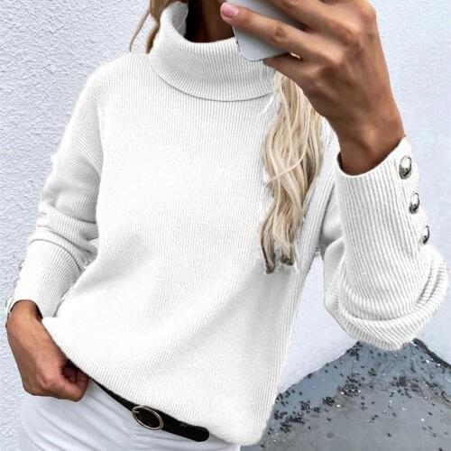 Ribbing Top Turtleneck Buttons Cuff Women Sweater Pullover Ladies Clothing