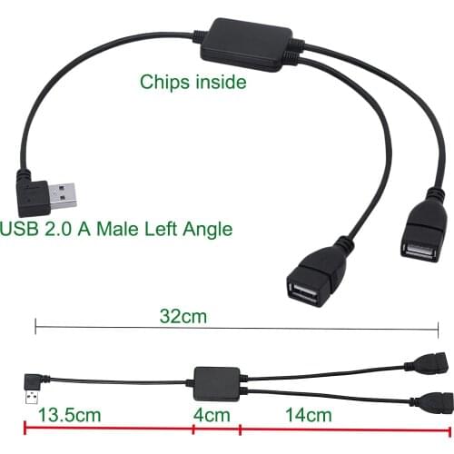 USB 2.0 A Male 90 Degree Left Angle to 2XUSB 2.0A Female Charging Data Transmission 2 in 1 Splitter Extension Adapter Cable 30cm