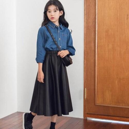 PU Leather Teenage Girls Skirts For School Black Toddler Skirt Kids Long A Line Spring Autumn 2019 Mother And Daughter Clothes