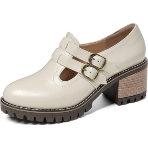 Big Size 2021 Thick Heel Women Leather Shoes Comfort Platform Shoes Woman High Heels Buckle Ladies Shoes