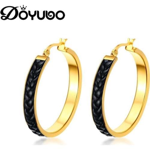 DOYUBO Womens Luxury Gold Color Leather Round Hoop Earrings High Polishing New Stainless Steel 39MM Earrings Accessories DB040