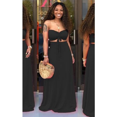 S-XL Womens Sexy 2 Piece Outfits Summer Off Shoulder Tube Crop Top + High Waist Flowy Maxi Dresses Suits w/Drawstring Two Pc