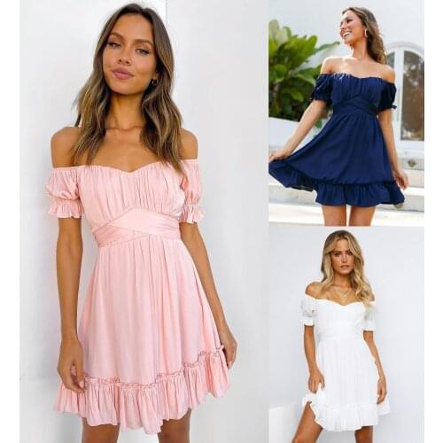 WomenSummer Dress Solid Color Cross Shrinkage Ruffles A-Line Dresses Slash Neck Short Sleeve Dress For Woman Vestido De Mujer