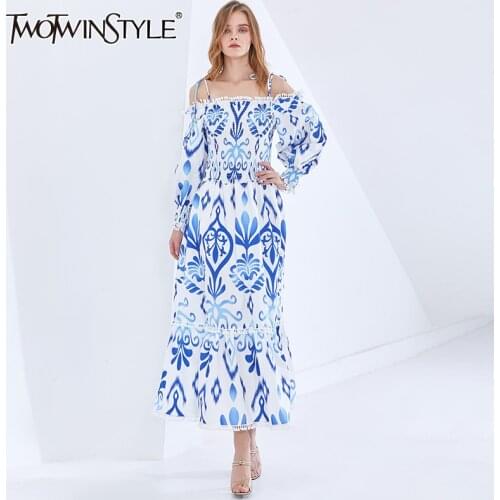 TWOTWINSTYLE Vintage Print Womens Dress Slash Neck Long Sleeve High Waist Hit Color Dresses Female Fashion New Clothing 2021