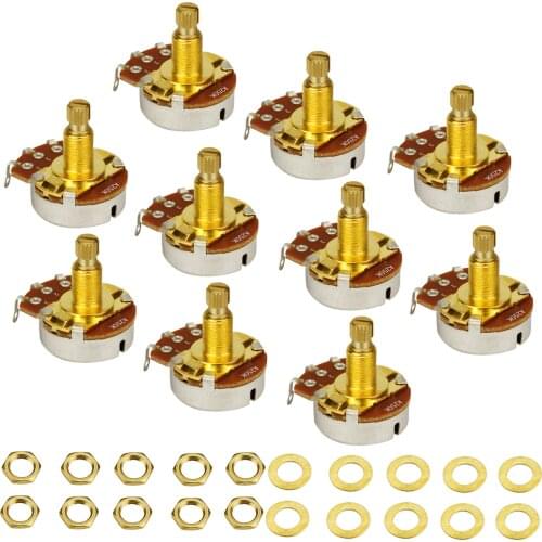 FLEOR 10pcs Full Size Bass Guitar Potentiometers Pots A250K Audio Taper Switch Tone Control Copper Long Split Shaft Golden