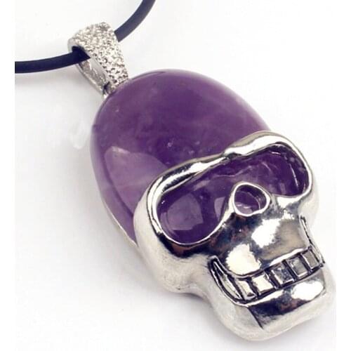 100-Unique 1 Pcs Punk Style Silver Plated Skull Head Shape Natural Purple Amethysts Stone Pendant