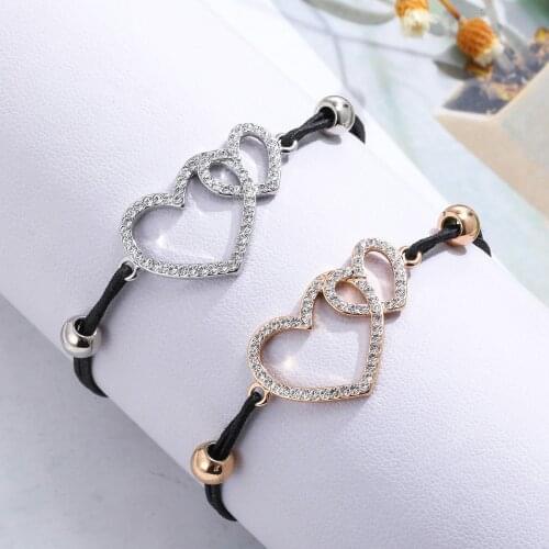 2020 Gold Double Heart Charm Bracelets for Women Cubic Zirconia Crystal Elastic Rope Chain Fashion Woman Bracelet Dropshipping