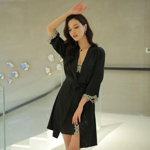 2021 Satin Chiffon Nightdress Womens Spring Summer Sexy Sling Nightgown 2Pcs Sets Robe with Chest Cushion Nightwear Home Wear