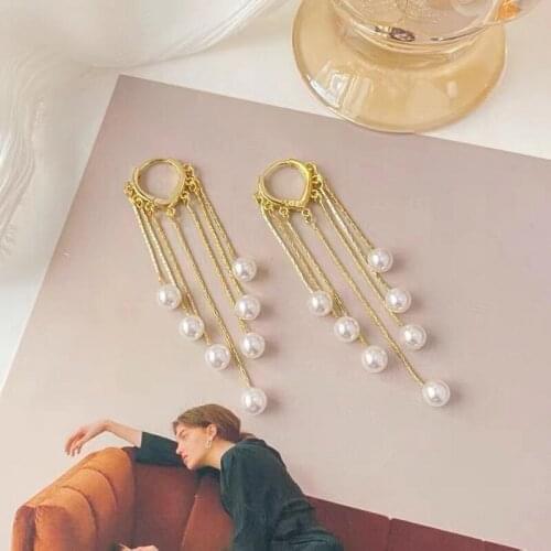 2021 Pearl Tassel Long Earrings For Women New Design Korean Gold Elegant Earrings Bijoux Wholesale Jewelry