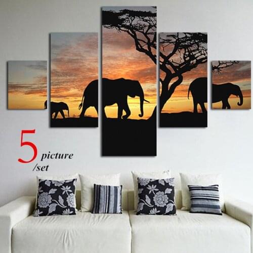 5pcs/set Sunset Elephant Group Poster & Print Animal Wall Art Lion Deer Horse Landscape Canvas Painting Wall Picture Home Decor