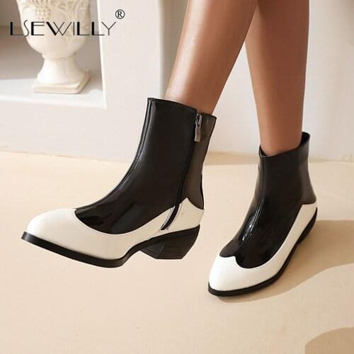 Lsewilly Pu Boots Women Ankle Booties Female High Heels Thick Shoes Ladies Round Toe Shoes Women Winter 2020 Plus Size 48