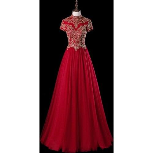SL-5504 Red High Neck A Line Gold Beads Soft Tulle Evening Dress Long Party Dresses Formal Evening Gowns Vestidos de Festa