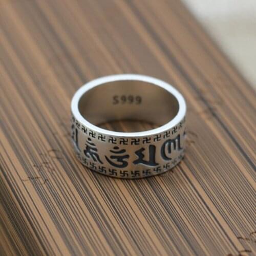 S999 Women Six Words Scripture Ring Engraved Words Simple Retro Thai Silver Accessories Men
