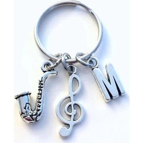 Personality Saxophone Keychain Saxophonist Key chain Gift for Jazz Musician Keyring Sax Present Treble Clef initial Music Charms