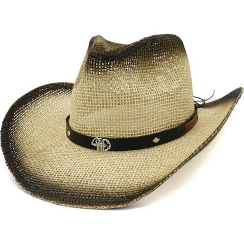 Fashion Black Spray-painted Western Cowboy Paper Straw Hats with Metal Scorpion Leather Decor Wide Brim Panama Beach Cap Sunhat