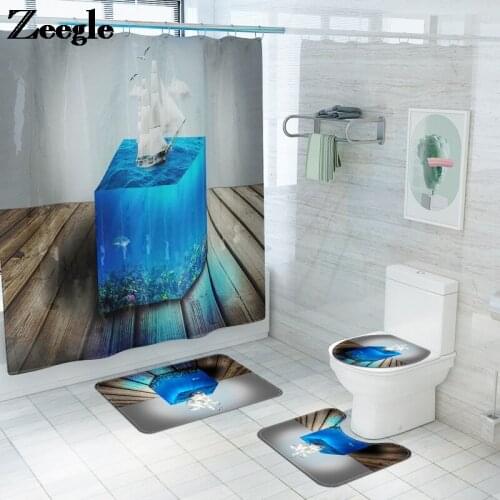 Sea World Printing Bath Mat and Polyester Waterproof Shower Curtain Set Toilet Rug Bathroom Carpet Absorbent Toilet Seat Cushion