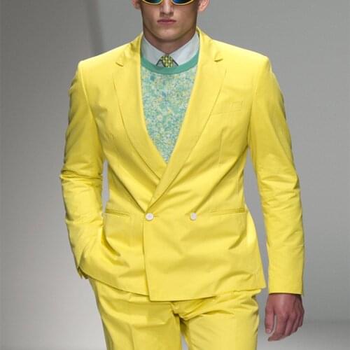 2 Pieces Mens Suits Yellow Slim Fit Double Breasted Costumes Tuxedos For Business Formal Office Wedding Bridegroom Men clothes