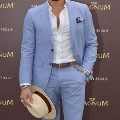 ANNIEBRITNEY Blue 2 Piece Men Slim Fit Business Linen Summer Suit 2020 Summer Groom Wedding Tuxedo Tailor Made Casual Men Suit