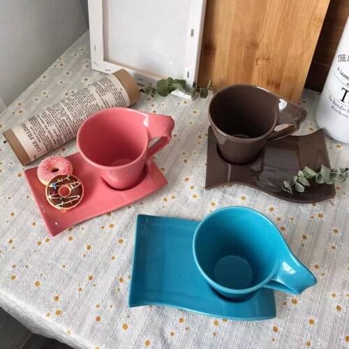 Nordic Solid Color Mugs Coffee Cups Ceramic With Tray Pink Blue Color