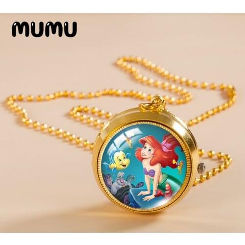 2021 New Little Mermaid Ariel Pocket Watch Necklace Gold Color Vintage Watch Glass Dome Pendant Jewelry Gifts