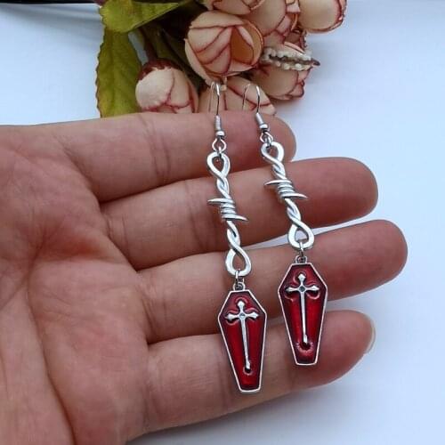 Original Jewellery Gothic Dark Barbed Wire Mix and Match Coffin Cross Blood Red Drop Oil Ear Pendant Earrings
