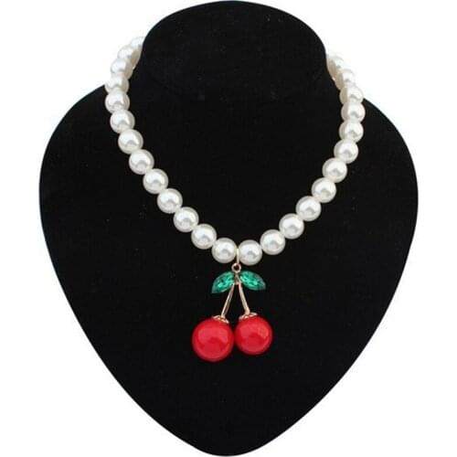 Fashion Red Cherry Charm Pendant Necklace for Women White Imitation Pearl Choker Fruit Jewelry Gift for Girls