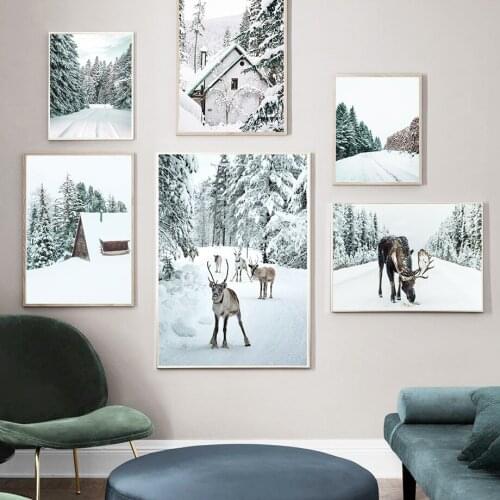 Nordic Posters And Prints Wall Art Canvas Painting Winter Landscape Pine Forest Snow Elk Wall Pictures For Living Room Decor