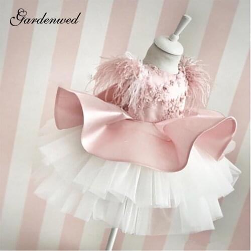 Pink Flower Girl Dresses sleeveless satin Knee length Applique Ruffles Girls Pageant Gowns Children Birthday Party Dresses