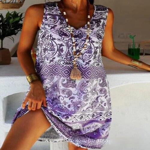 Ethnic Vintage Print Summer Fashion A-line Ladies Midi Dress V-neck Sleeveless Casual Loose Knee-Length Women Pullover Dresses