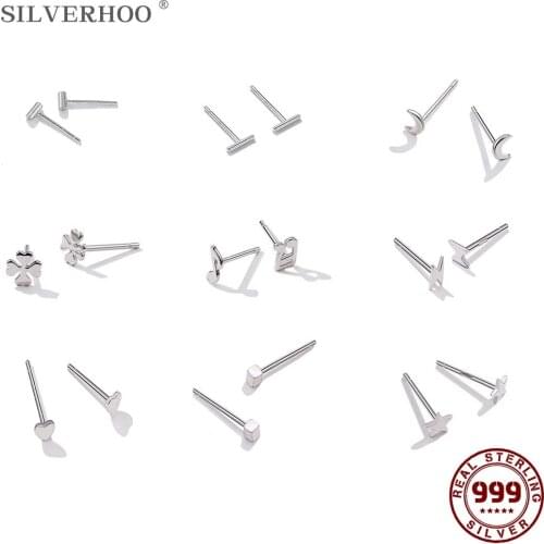 SILVERHOO 999 Sterling Silver Earrings For Women Minimalist Star Moon & Flower Heart Tiny Earrings Silver Jewelry Ear Studs