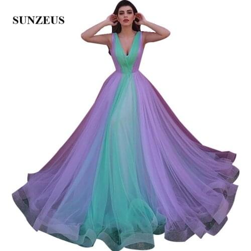 Saudi Arabic Style Long Evening Dress Purple And Turquoise Tulle Formal Gowns For Women A-line V-neck Party Dress