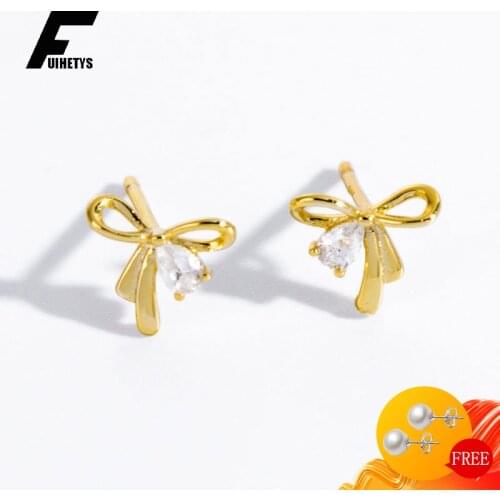 Luxury Earrings 925 Sterling Silver Jewelry with Zircon Gemstone Bowknot Shape Stud Earrings for Women Wedding Party Accessories