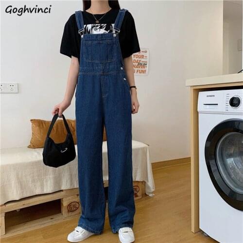 Women Jumpsuits Solid Denim Blue Loose Wide-leg Straight Long Trousers Students All-match Simple Fashion Streetwear Overalls Ins