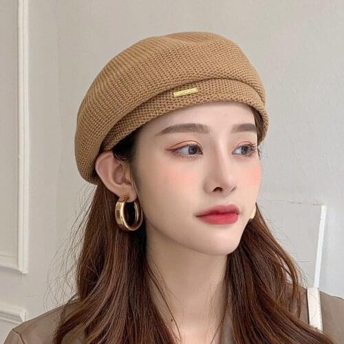 Women Autumn Winter Beret Womens Solid Color Knitted Cotton Hats Adjustable Tape Design Berets Warm beret without eaves dome