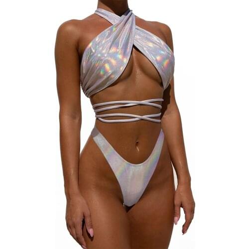 Women Sexy Two-piece Bikini Set, Solid Color Tie Up String Top + Shorts, Silver/ Orange/ Green, S/ M/ L