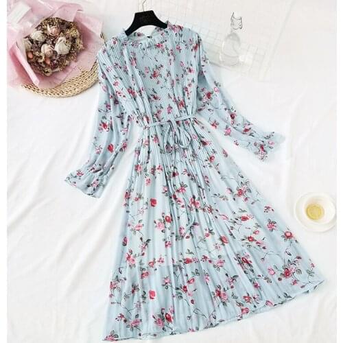 Women Autumn Floral Chiffon long Dress Vintage Boho A-line Long Sleeve Ruffled Hem Flare Sleeve Party Elegant Vestidos femininos