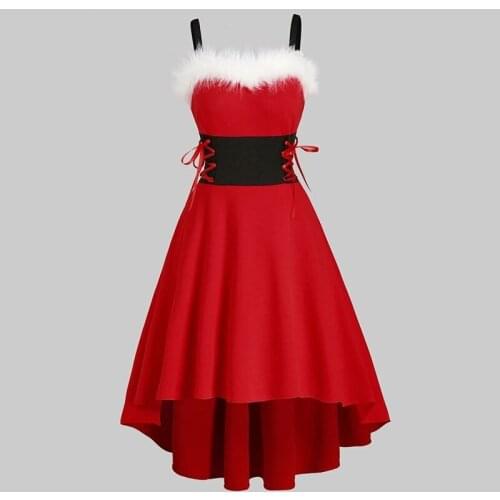 Womens Off Shoulder Christmas Faux-fur Lace Up Asymmetrical High Low Midi Dress Costume Dresses For Women Ropa De Mujer