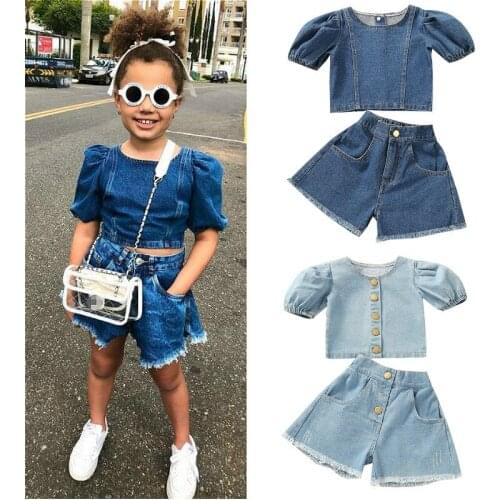 2021 Fashion Baby Girls Clothes Set 2021 Summer Short Puff Sleeves Tops Blouse and Wide-leg Shorts Denim Kids Outfits 1-6Y