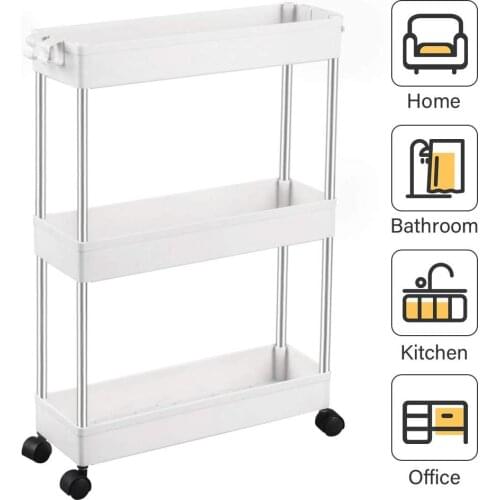 3-Tier Slim Storage Cart Mobile Shelving Unit Organizer Slide Out Storage Rolling Utility Cart with 4 Hooks for Kitchen Bathroom