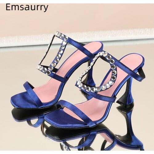 Asymmetrical Geometric Cut Outs Party Shoes Woman High Goblet Heel Sexy Open Toe Luxury Satin Rhinestone Sandals Women