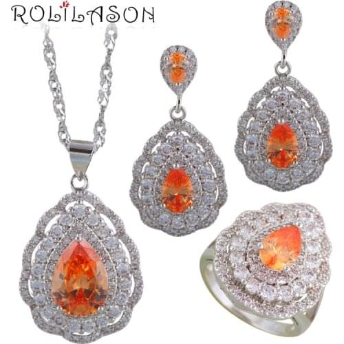 Ayowei Silver Stamped Fashion Earring Necklace Ring orange Zicon White Crystal Costume Jewelry Sets Sz #6#7#8#9#10 JS702A