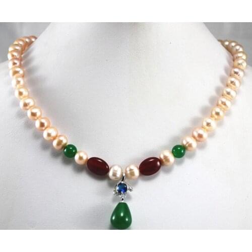 Free shipping wholesale/retail 8mm pink pearl & red necklace+green Jade crystal pendant