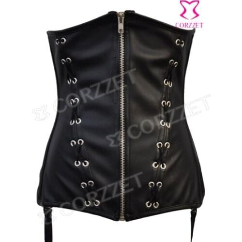 Black Leather Waist Cincher Zipper Corselet Sexy Lace-up Underbust Bustier Burlseque Corset Fashion Women Body Shaping Corpete