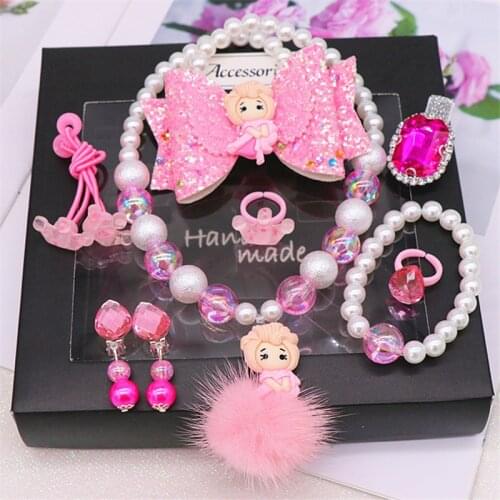 Elsa Princess Children Necklace Bracelet Set Beaded Girls Cartoon Frozen 2 Hair Accessories Ear Clip Cosplay Photo Prop Kid Toys