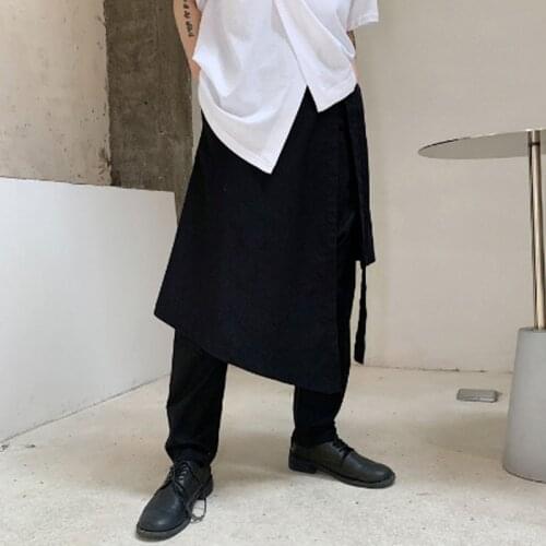 Homens estilo japão irregular falso 2 pçs splice solto casual harem pant masculino streetwear hip hop saia quimono gótico