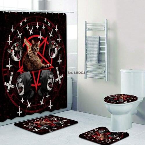 Evil Punk Cats Decor Cool Satanic Cat Pentagram Death Shower Curtain Bathroom Curtain Set Black Metal Band Exorcist Bath Rug Set