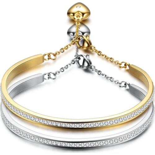 New Fashion Open Adjustable Bridal Rhinestone Titanium Stainless Steel Chain Bracelet Bangle For Women